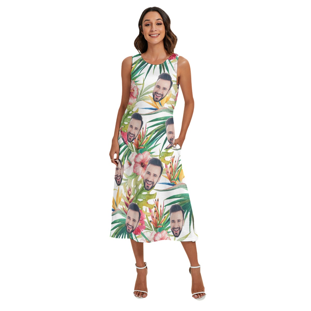 Custom Face Tropical Hibicus Hawaiian Long Dress With Pocket