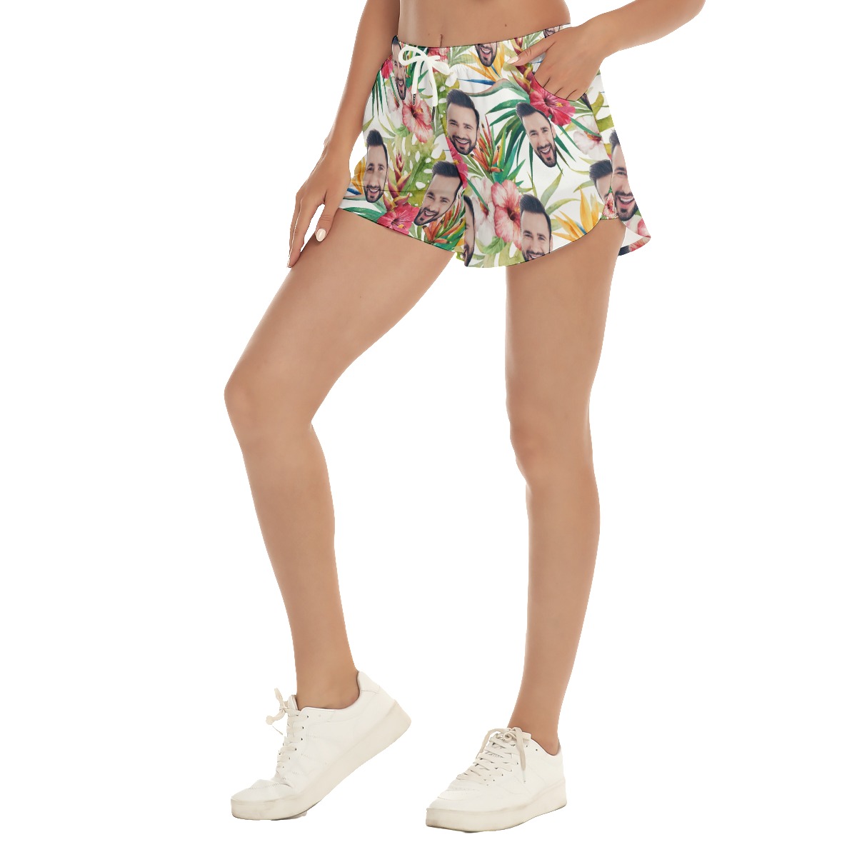 Funny Custom Face Tropical Hibicus Hawaiian Beach Shorts For Women
