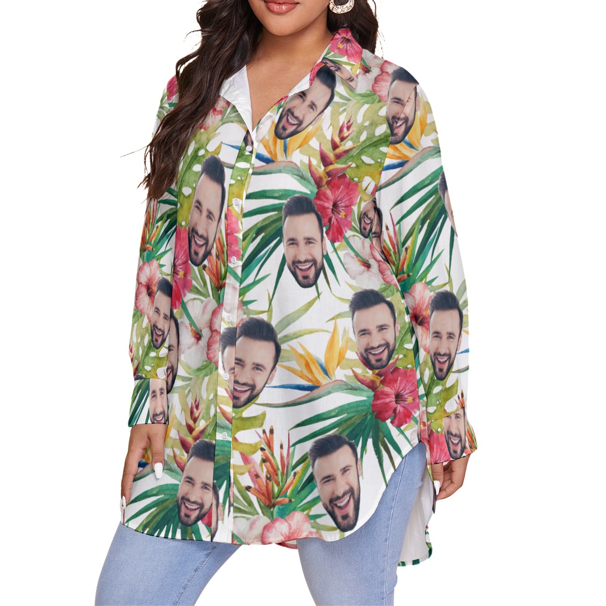 Unique Custom Face Hibicus Patterns Hawaiian Plus Size Shirt For Women