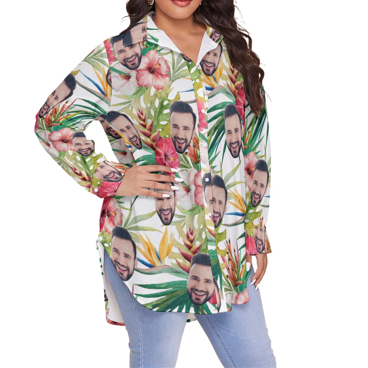 Unique Custom Face Hibicus Patterns Hawaiian Plus Size Shirt For Women