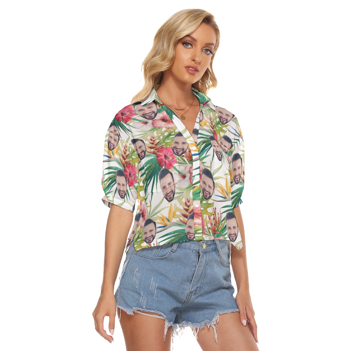 Custom Face Hibicus Summer Aloha Crop Top Shirt
