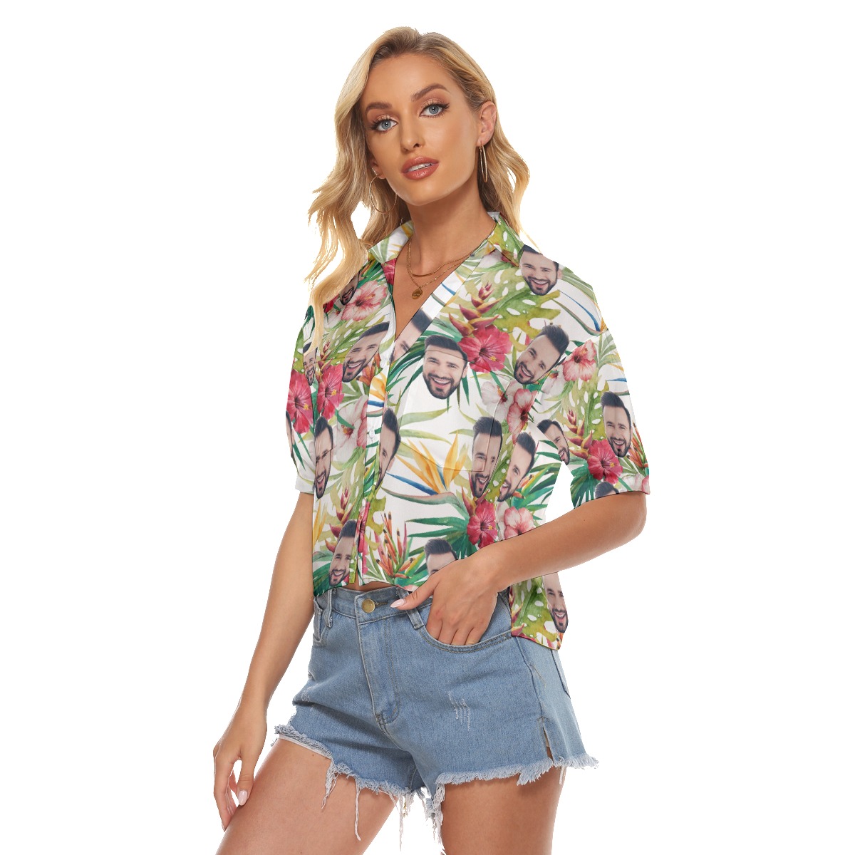 Custom Face Hibicus Summer Aloha Crop Top Shirt
