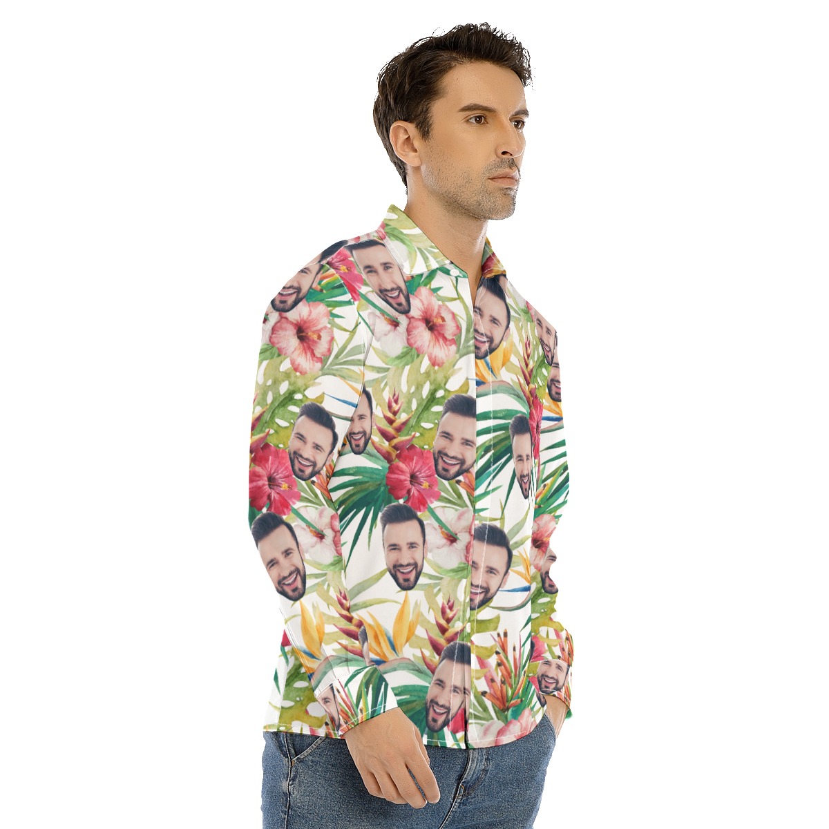 Custom Face Floral Hibicus Hawaiian Long Sleeve Shirt