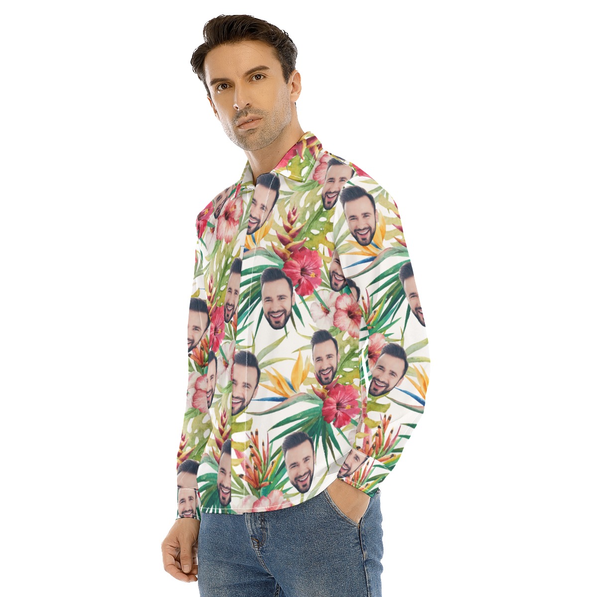 Custom Face Floral Hibicus Hawaiian Long Sleeve Shirt