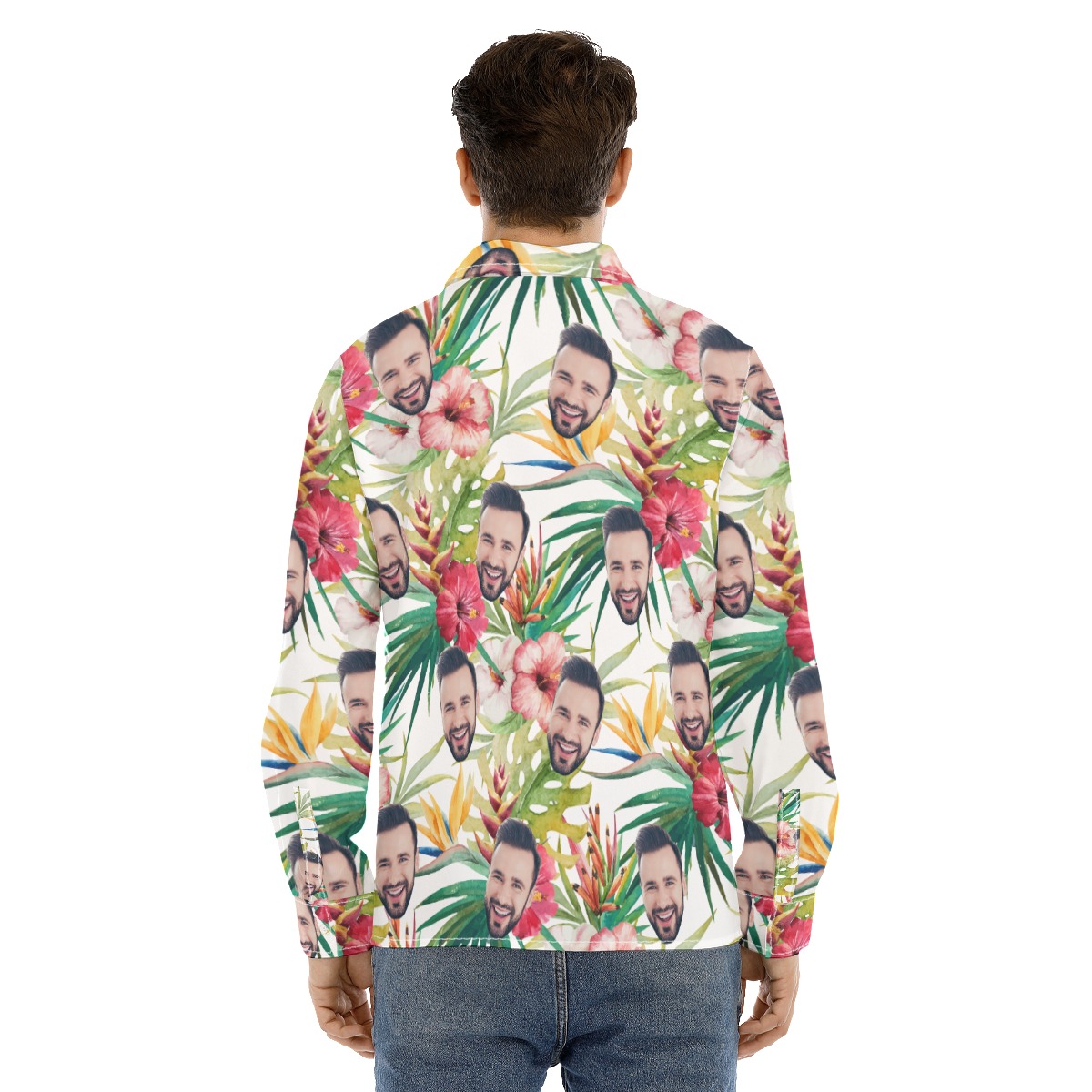 Custom Face Floral Hibicus Hawaiian Long Sleeve Shirt