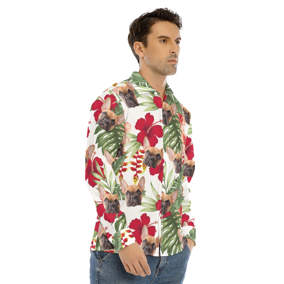Custom Pet Photo Long Sleeve Hawaiian Shirts For Men