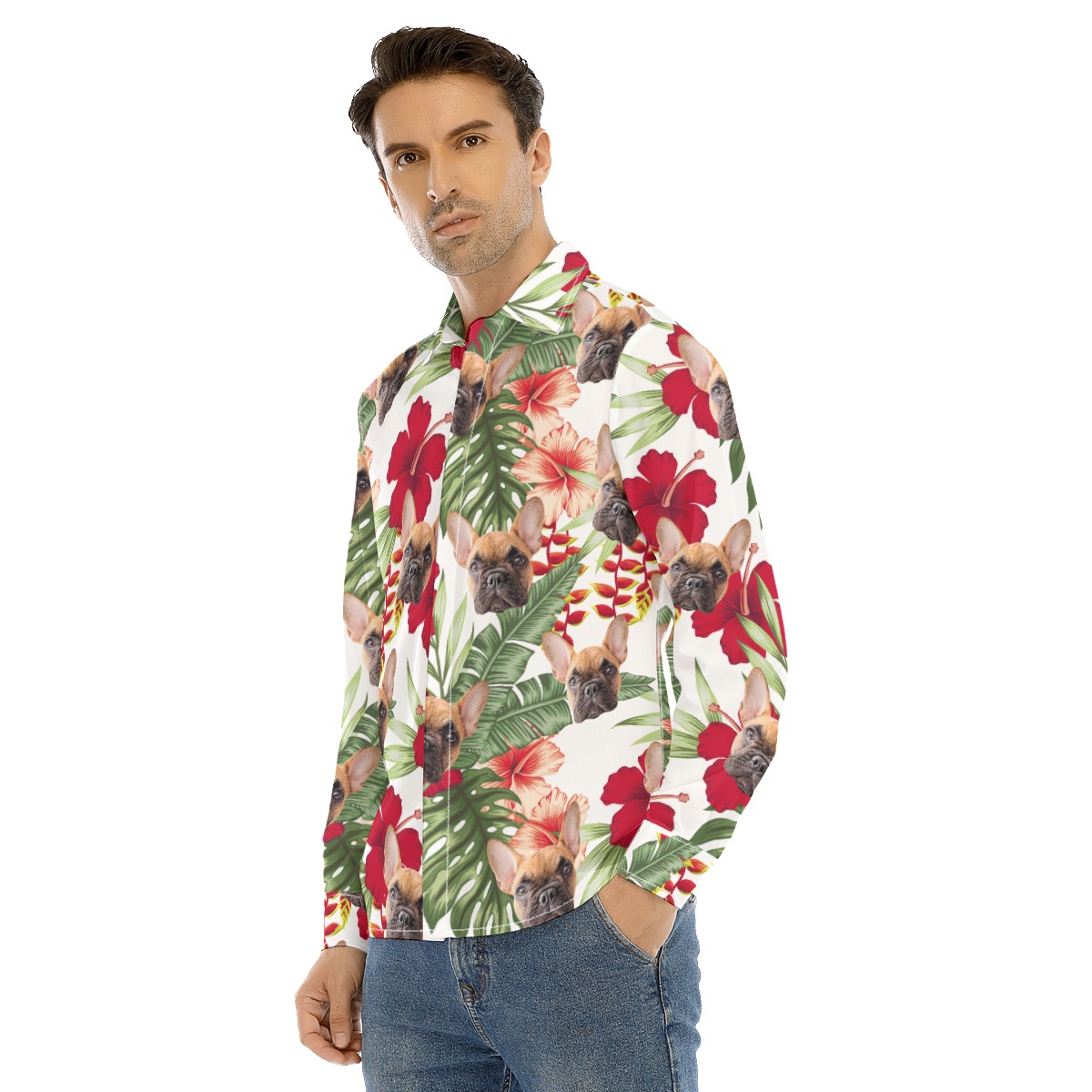 Custom Pet Photo Long Sleeve Hawaiian Shirts For Men