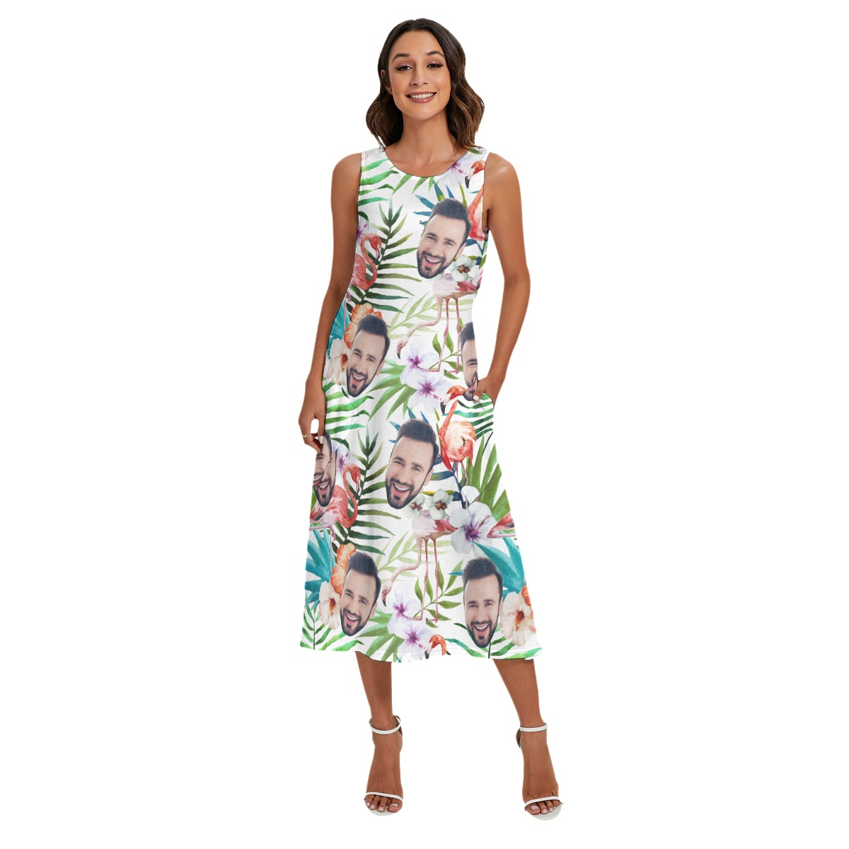 Floral Flamingo Custom Face Hawaiian Long Dress With Pocket For Women