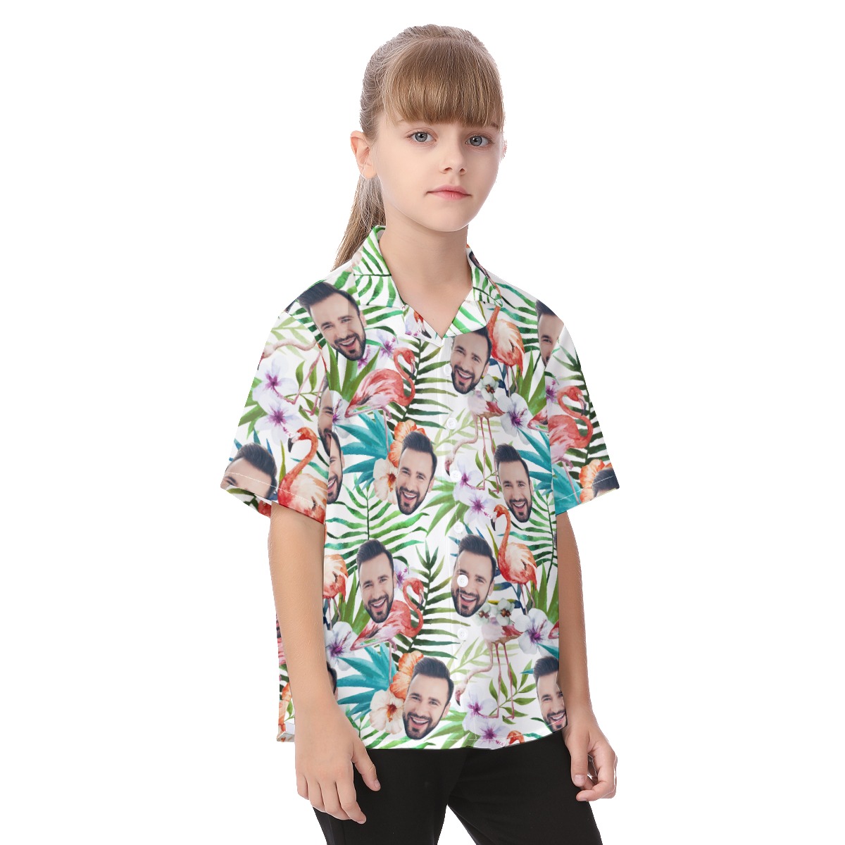 Cute Tropical Flamingo Custom Face Aloha Button Up Shirt For Kids