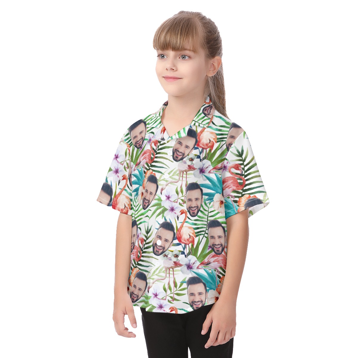 Cute Tropical Flamingo Custom Face Aloha Button Up Shirt For Kids