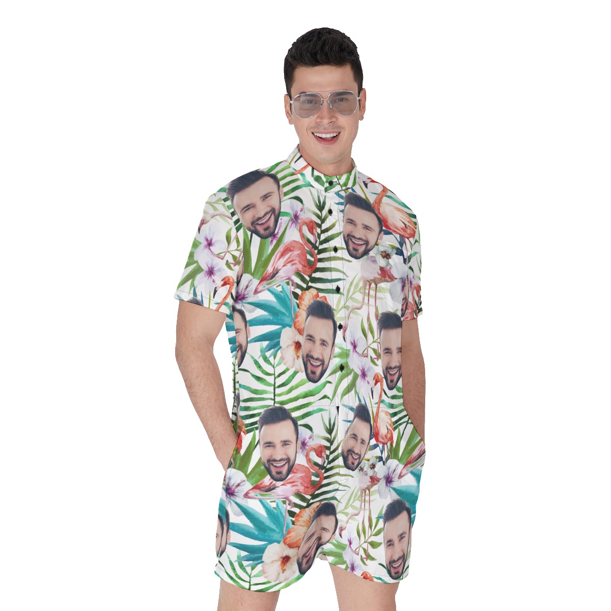 Cool Custom Face Tropical Flamingo Hawaiian Romper - variant image 1