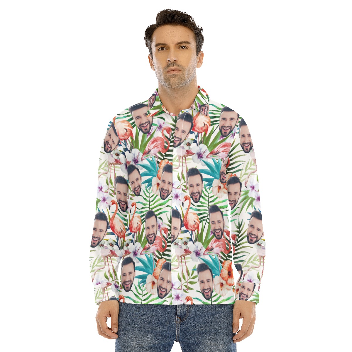 Funny Custom Face Tropical Flamingo Hawaiian Long Sleeve Shirt - variant image 1