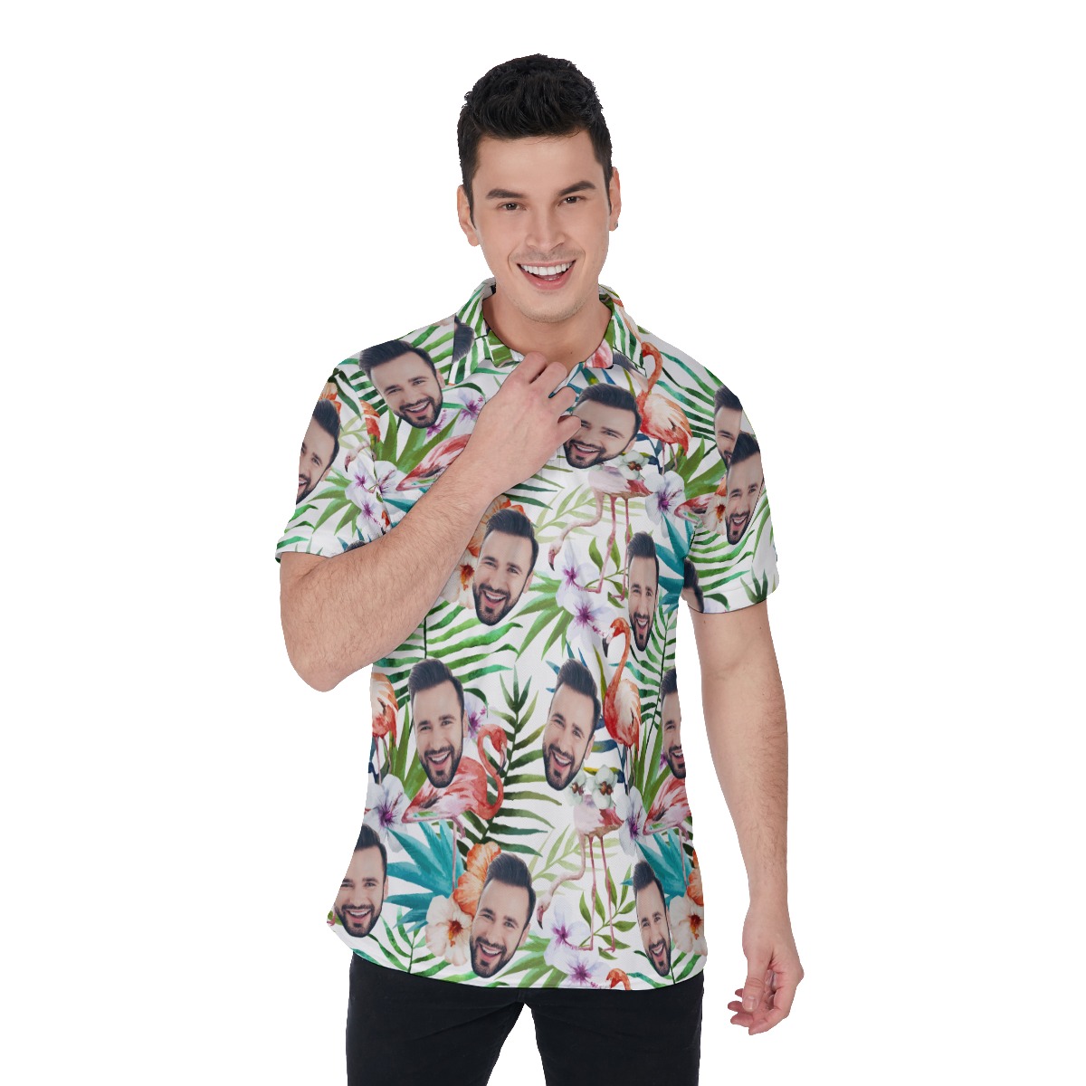 Floral Flamingo Custom Face Hawaiian Polo Shirt For Men - variant image 1