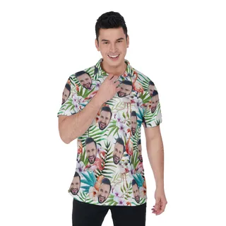 Floral Flamingo Custom Face Hawaiian Polo Shirt For Men