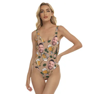 Custom Face Beer Hawaiian One Piece Swimsuit For Women