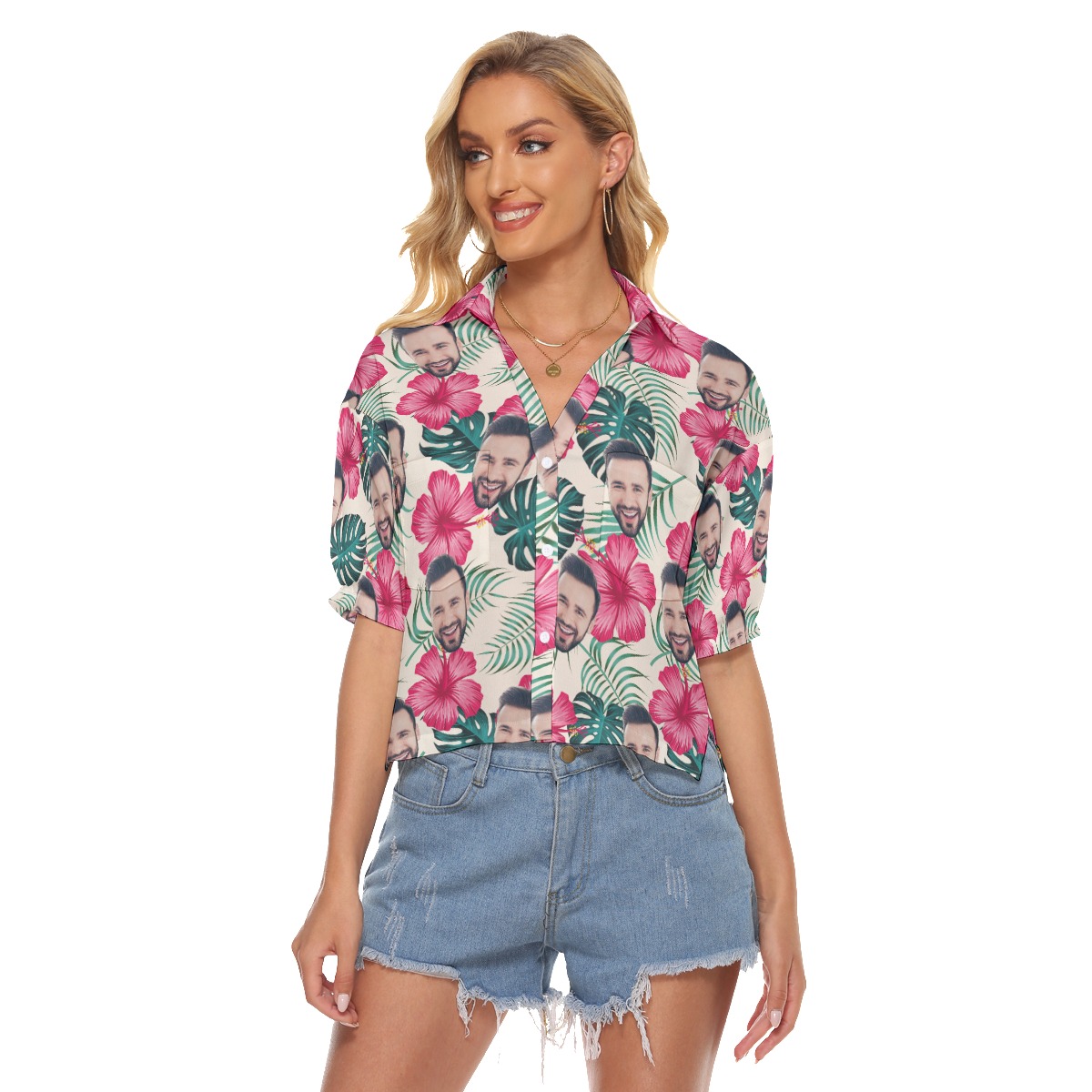 Women's Custom Face Crop Top Hawaiian Shirt - variant image 1