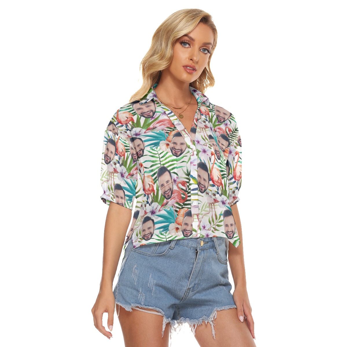 Custom Floral Flamingo Hawaiian Crop Top Shirt With Face