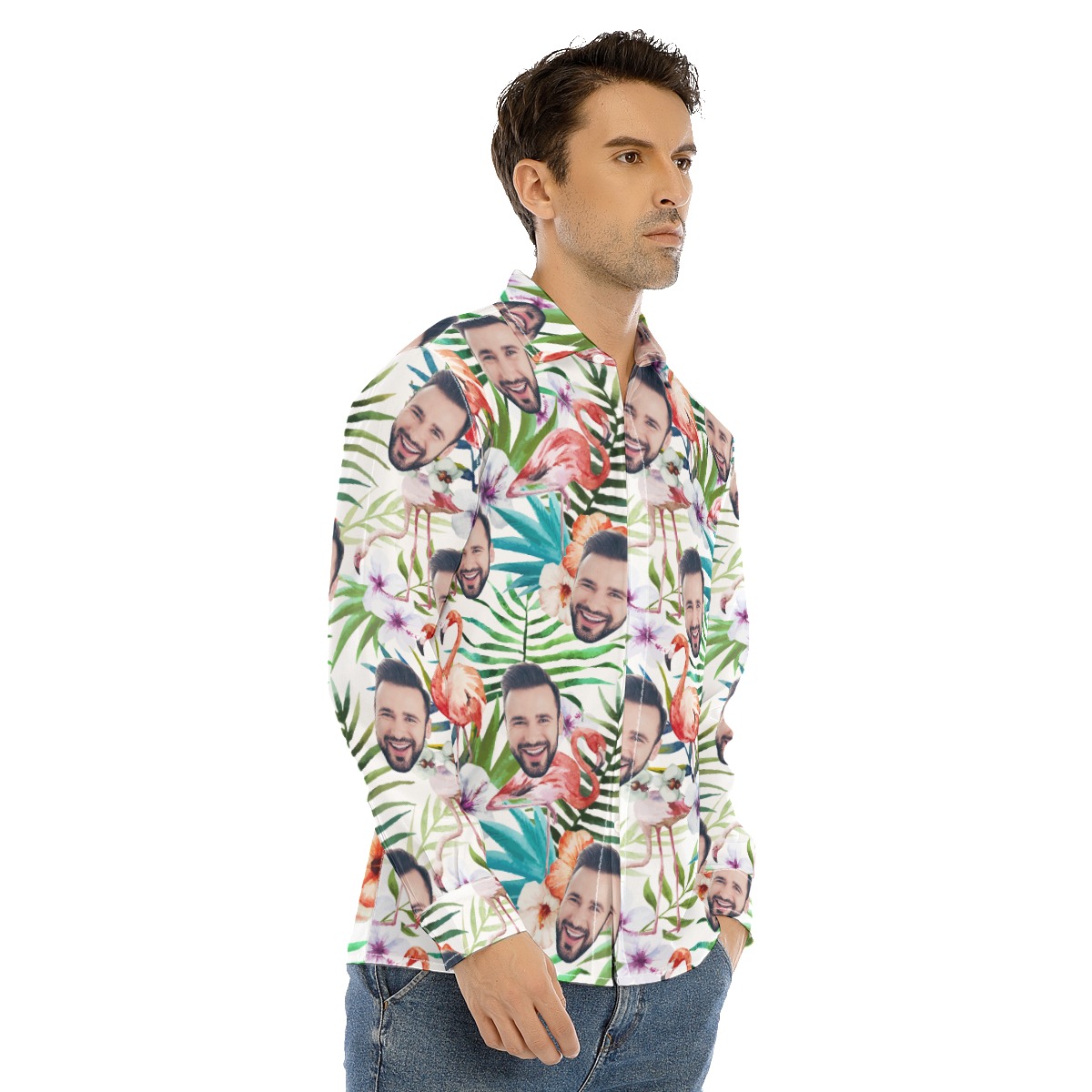Funny Custom Face Tropical Flamingo Hawaiian Long Sleeve Shirt