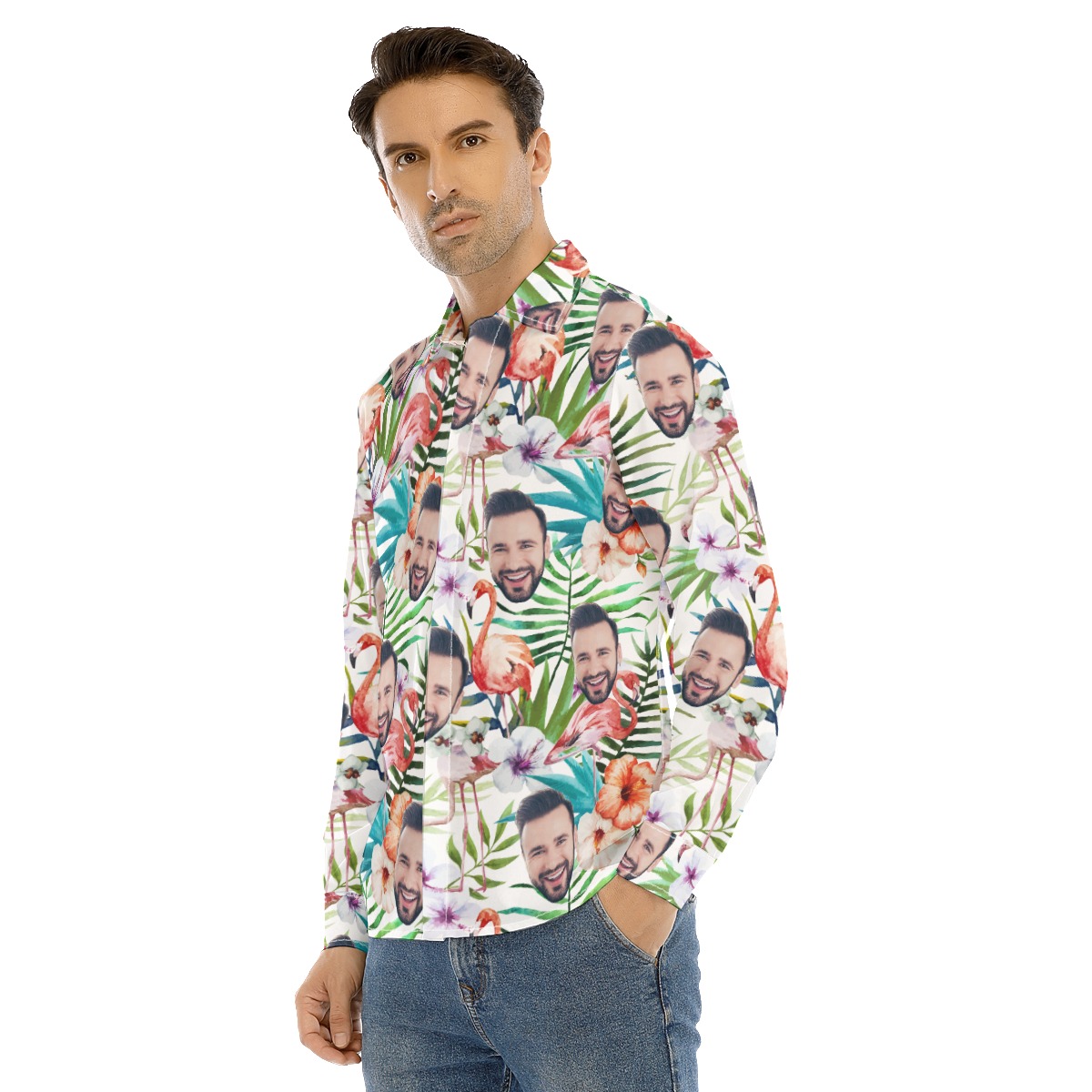 Funny Custom Face Tropical Flamingo Hawaiian Long Sleeve Shirt