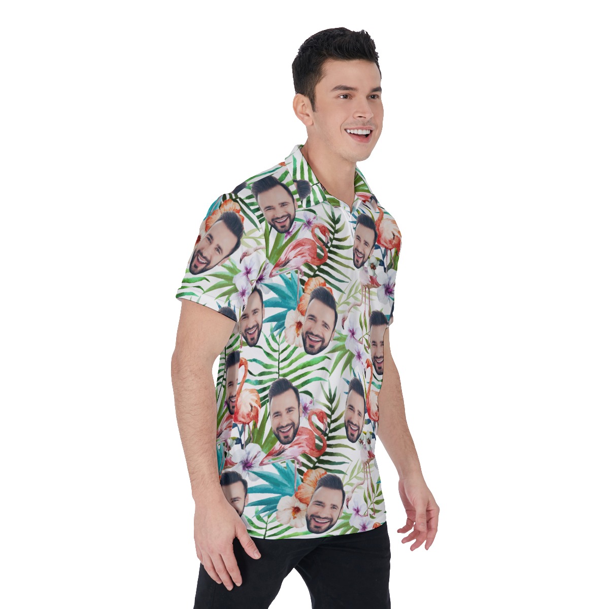 Floral Flamingo Custom Face Hawaiian Polo Shirt For Men