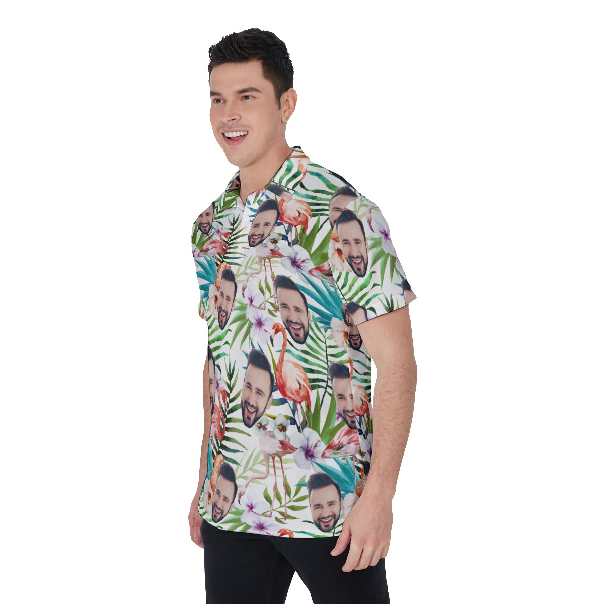 Floral Flamingo Custom Face Hawaiian Polo Shirt For Men