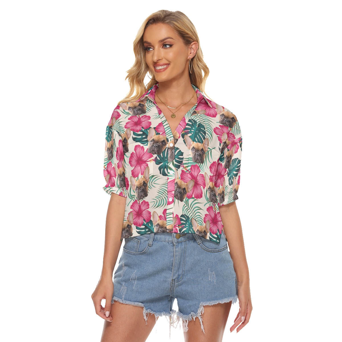 Custom Dog Photo Cropped Hawaiian Shirt For Women
