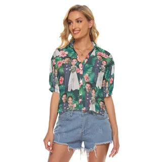 Custom Face Couple Wedding Hawaiian Crop Top Shirt For Women