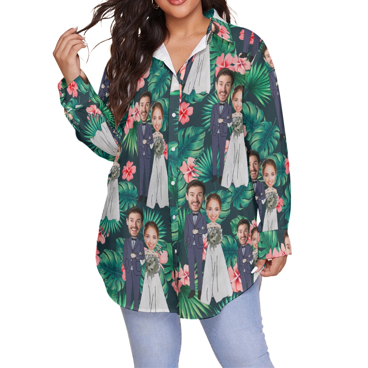 Custom Face Couple Wedding Hawaiian Oversized Shirt For Women - variant image 1