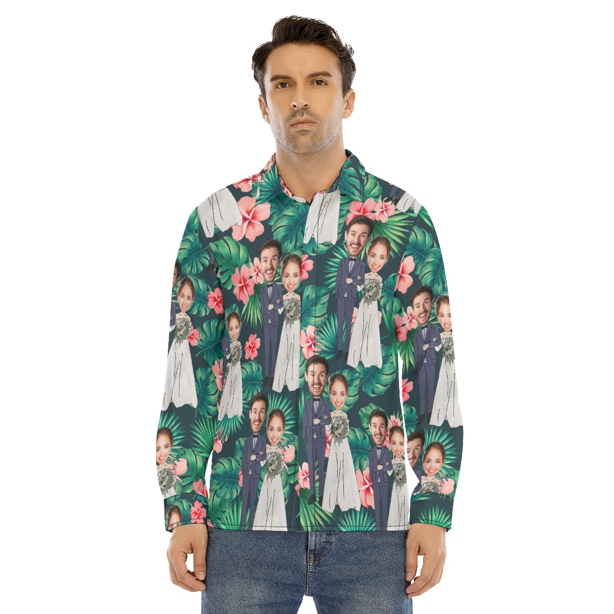 Custom Face Couple Tropical Long Sleeve Hawaiian Shirt For Men - variant image 1