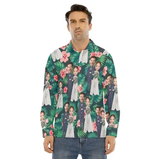 Custom Face Couple Tropical Long Sleeve Hawaiian Shirt For Men