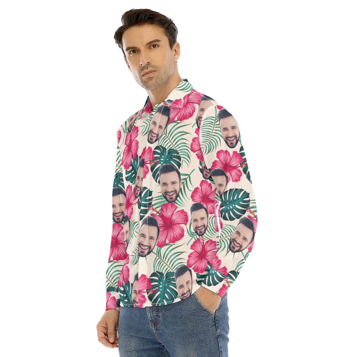 Men's Custom Face Long Sleeve Hawaiian Shirt