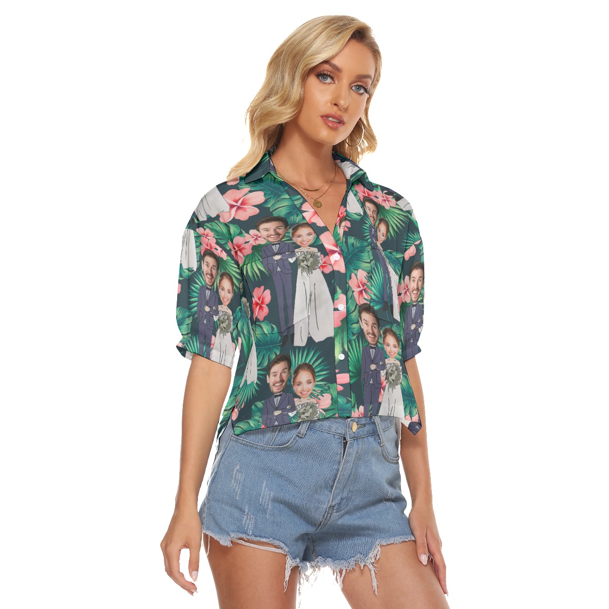 Custom Face Couple Wedding Hawaiian Crop Top Shirt For Women
