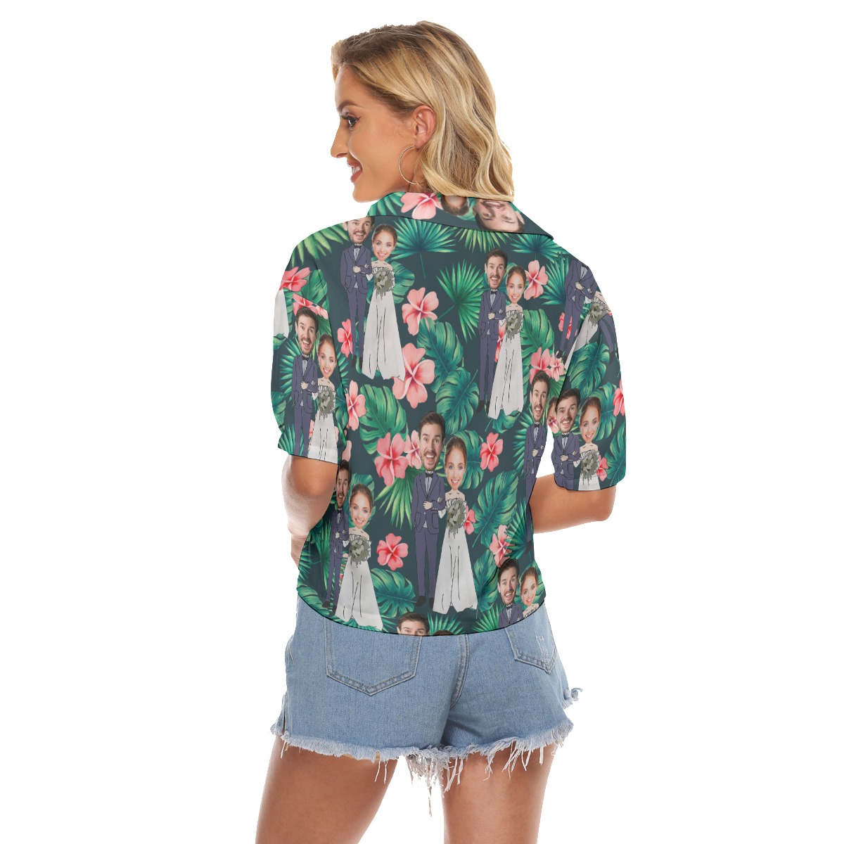 Custom Face Couple Wedding Hawaiian Crop Top Shirt For Women