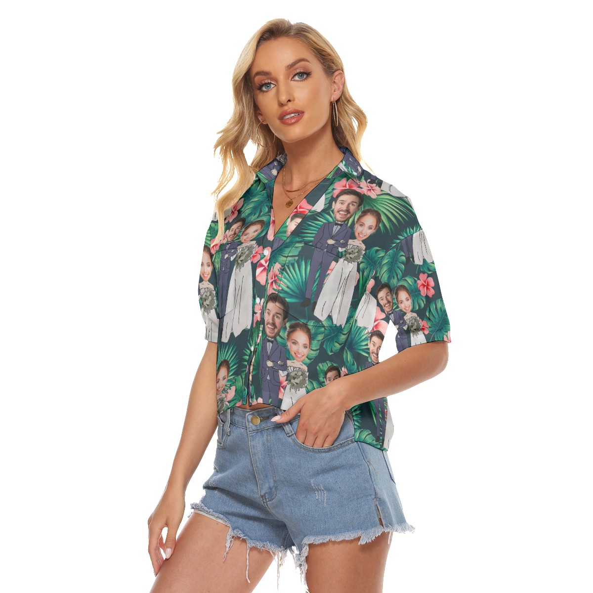 Custom Face Couple Wedding Hawaiian Crop Top Shirt For Women