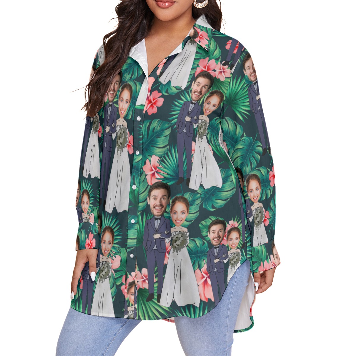 Custom Face Couple Wedding Hawaiian Oversized Shirt For Women
