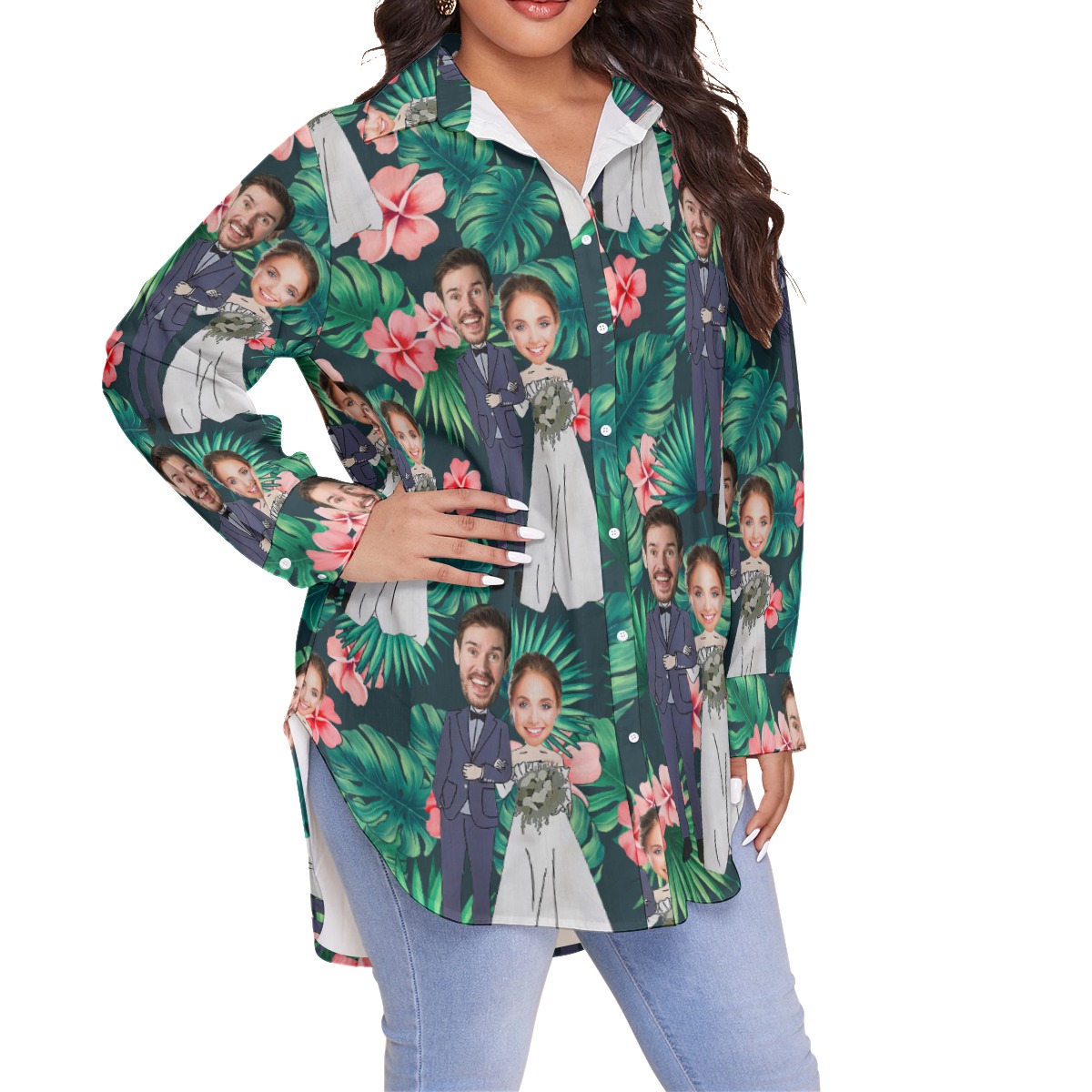 Custom Face Couple Wedding Hawaiian Oversized Shirt For Women