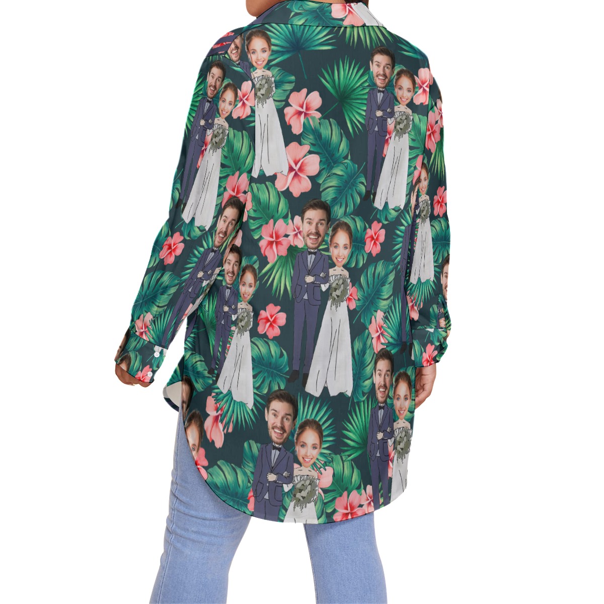 Custom Face Couple Wedding Hawaiian Oversized Shirt For Women
