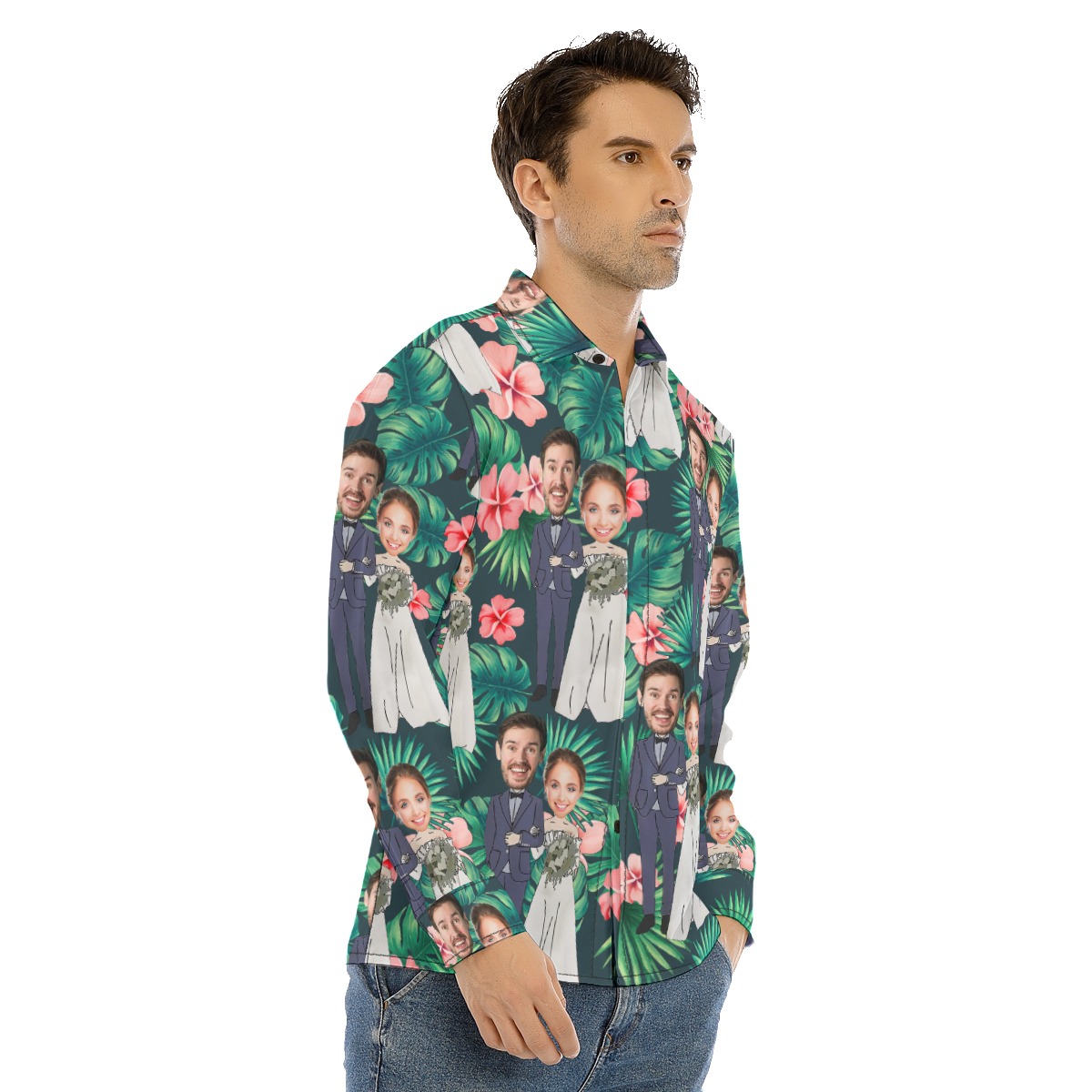 Custom Face Couple Tropical Long Sleeve Hawaiian Shirt For Men