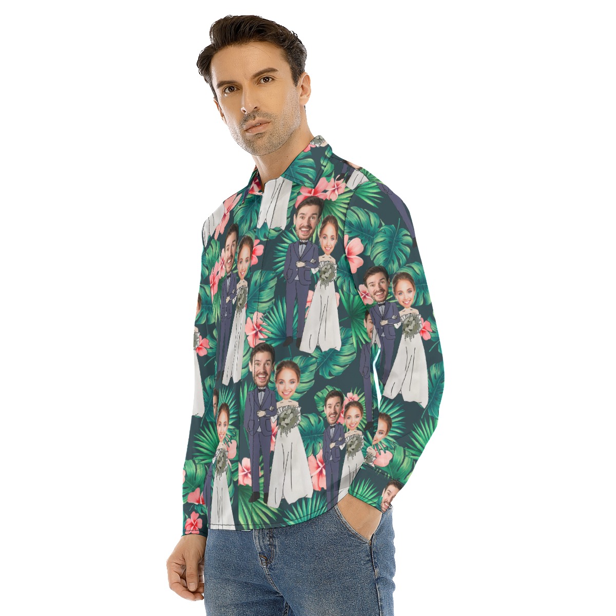 Custom Face Couple Tropical Long Sleeve Hawaiian Shirt For Men