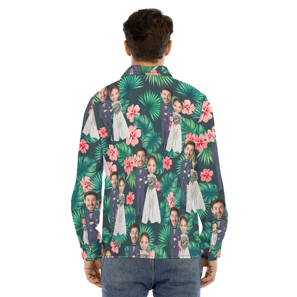 Custom Face Couple Tropical Long Sleeve Hawaiian Shirt For Men