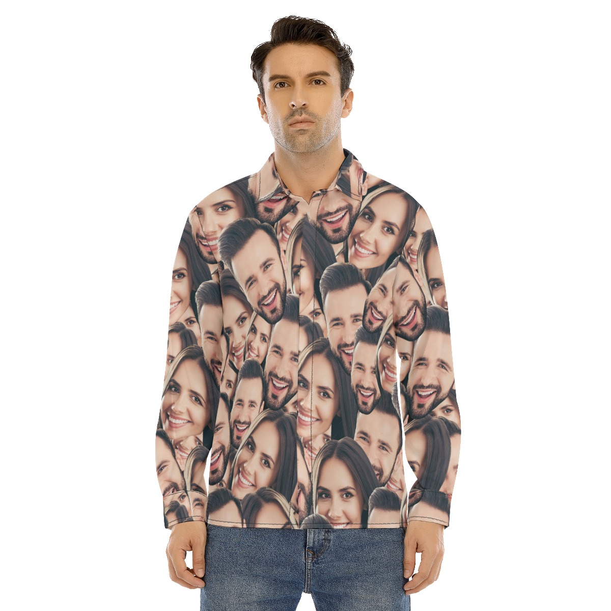 Custom Couple Faces Long Sleeve Hawaiian Shirt - variant image 1