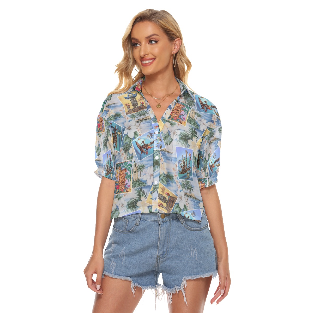 Tiki Floral Hawaiian Cropped Shirt For Women - variant image 1
