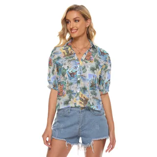 Tiki Floral Hawaiian Cropped Shirt For Women