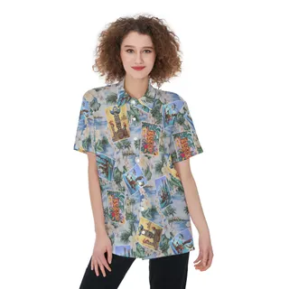 Funny Tiki Floral Aloha Button Up Shirt For Women