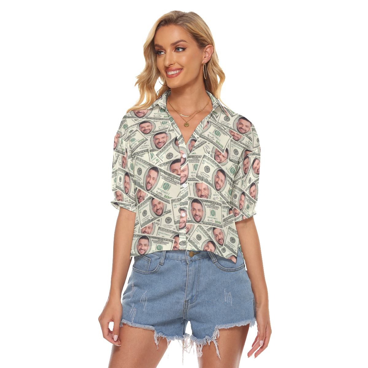 Custom Face Money Hawaiian Crop Top Shirt For Women - variant image 1