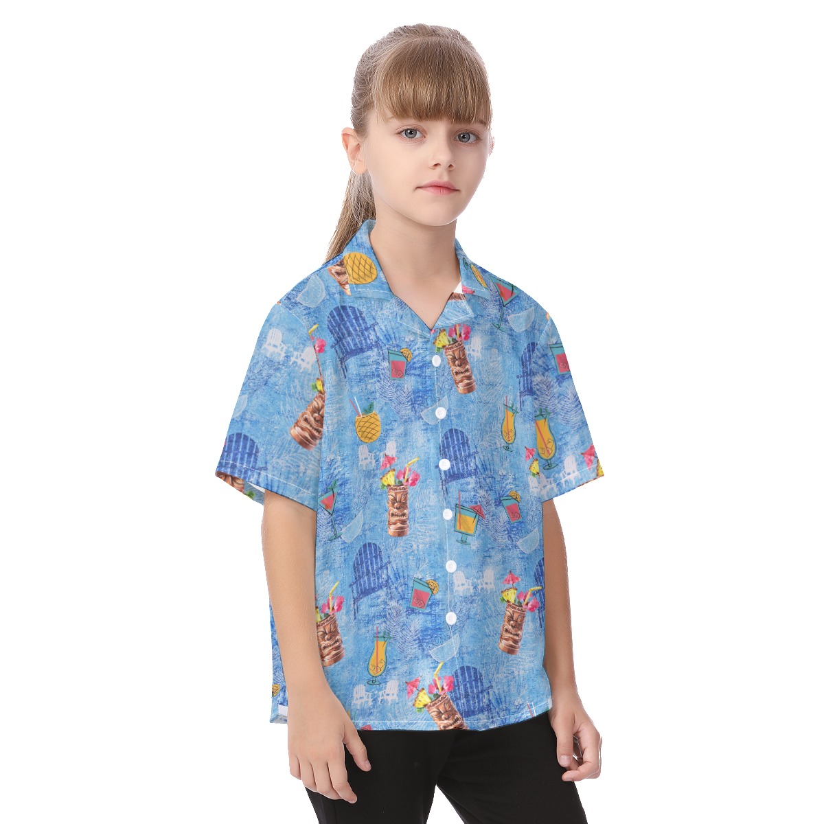 Cute Tiki Drinks Hawaiian Button Up Shirt For Kids