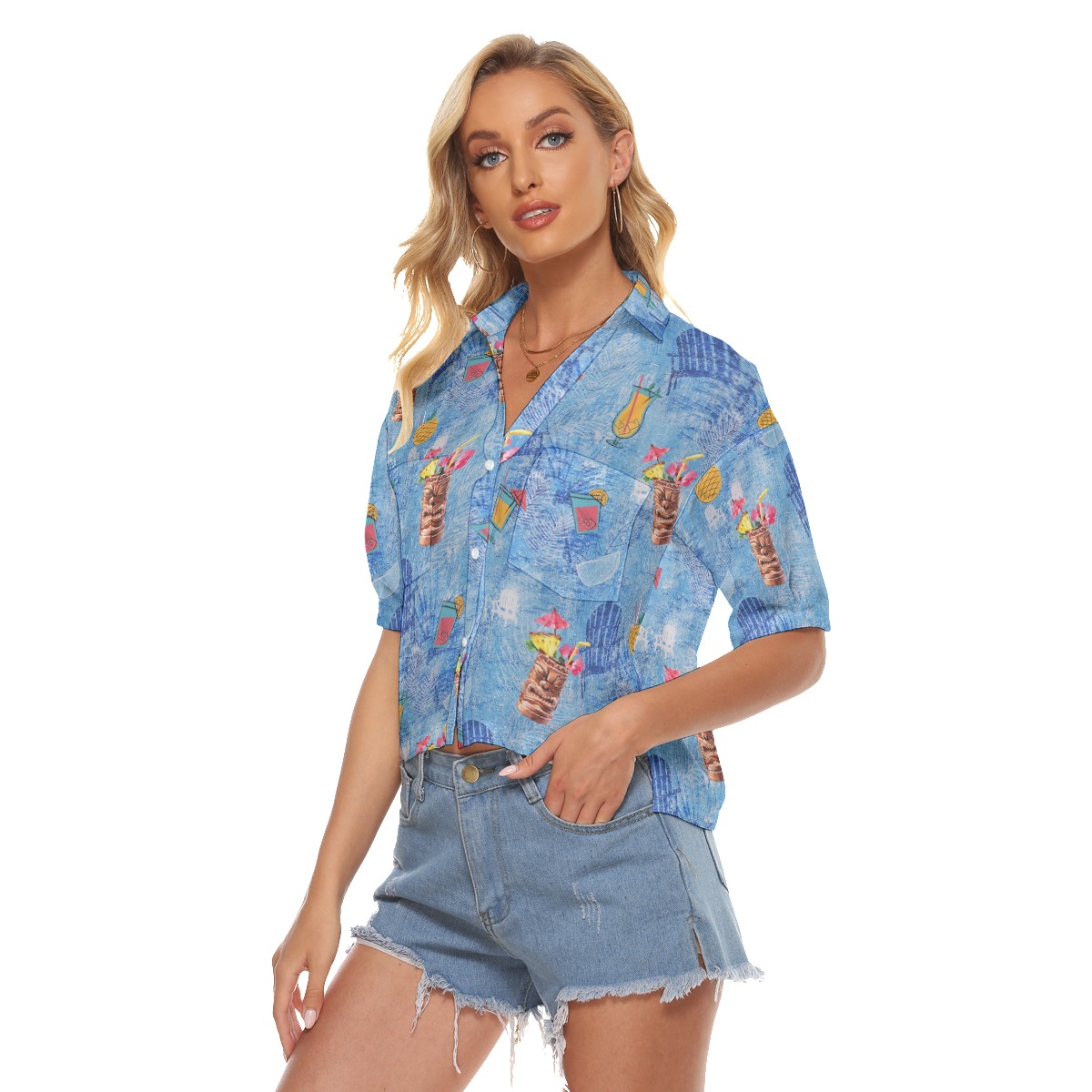 Tiki Drinks Blue Hawaiian Crop Top Shirt For Women