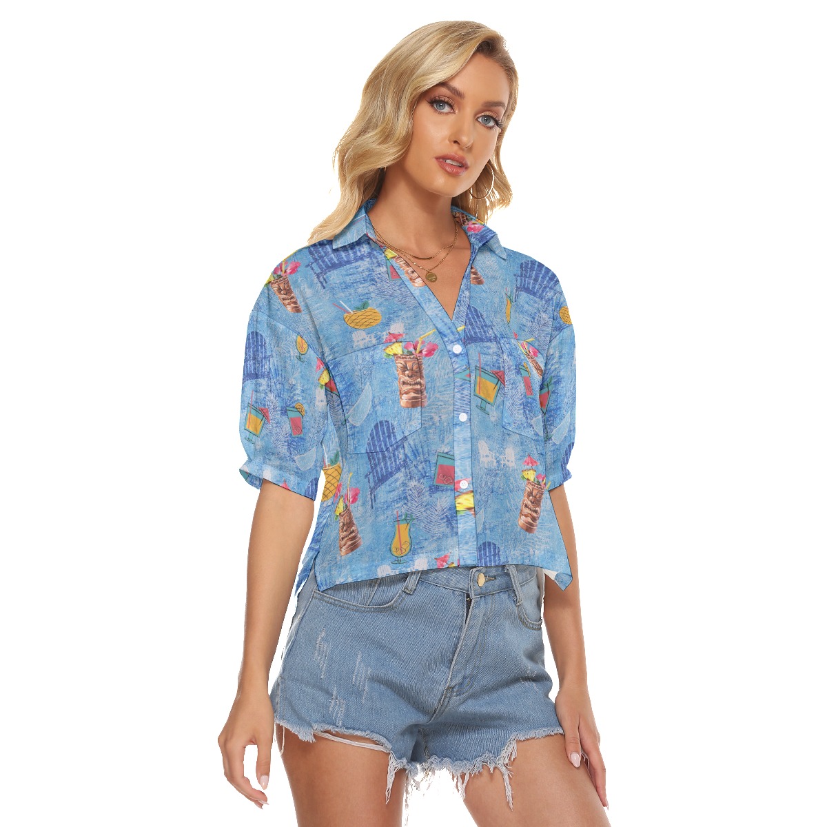Tiki Drinks Blue Hawaiian Crop Top Shirt For Women