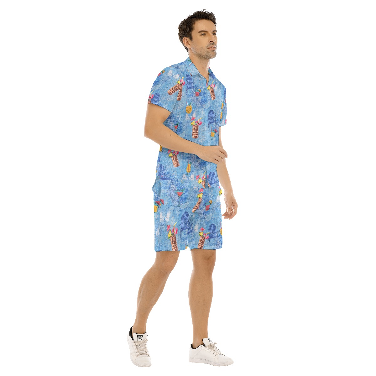 Set Tiki Drink Blue Hawaiian Shirt And Shorts For Men