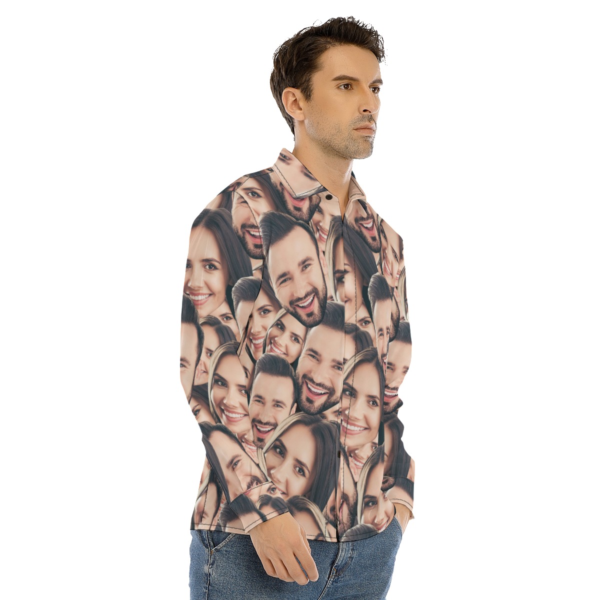 Custom Couple Faces Long Sleeve Hawaiian Shirt